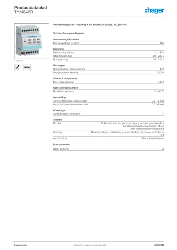 Afbeelding Hager Productdatablad TYM646R | Hager Nederland