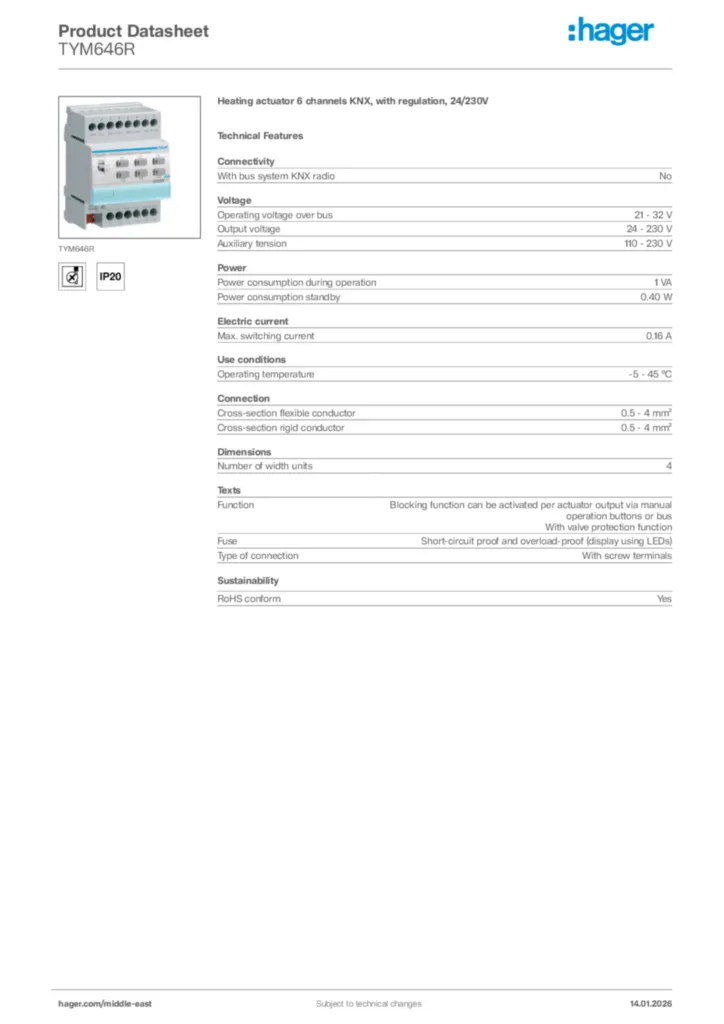 Image Hager Product data sheet TYM646R  | Hager