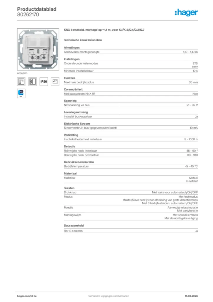 Afbeelding Hager Productdatablad 80262170 | Hager Belgium