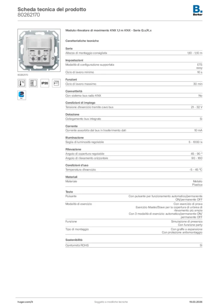Immagine Berker Scheda tecnica del prodotto 80262170 | Hager Italia
