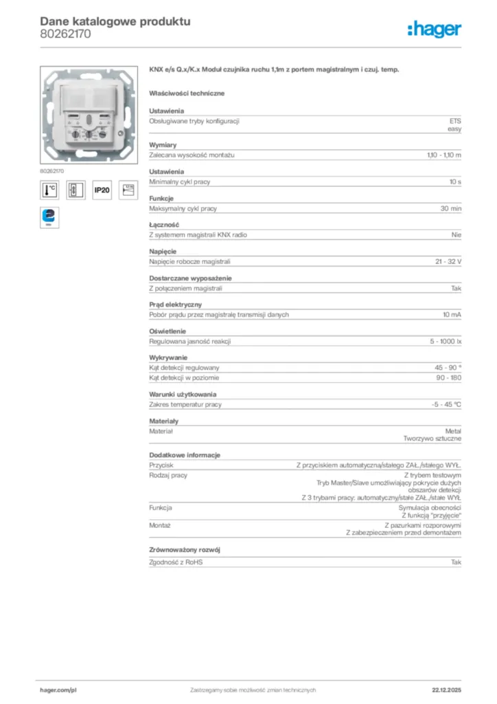 Zdjęcie Hager Dane katalogowe produktu 80262170 | Hager Polska