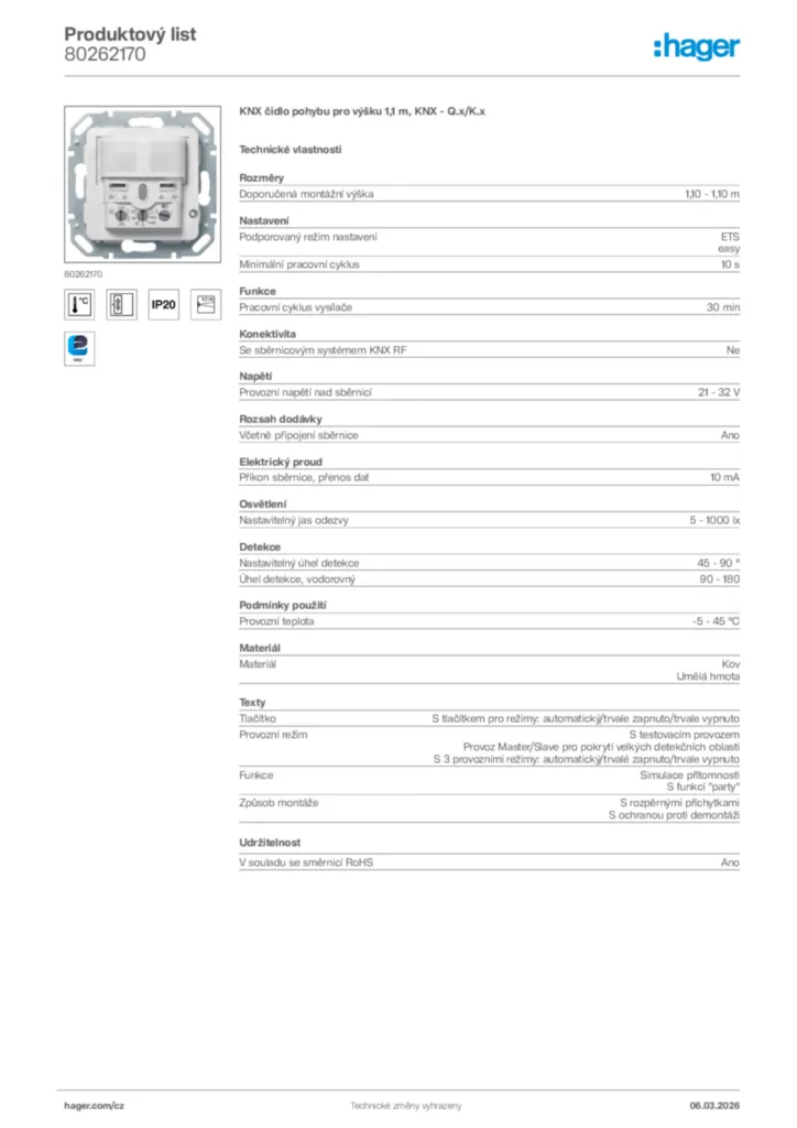 Obrázek Hager Product data sheet 80262170 | Hager