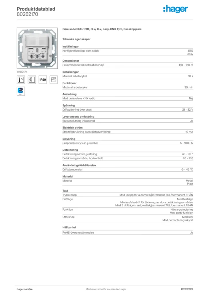 Bild Hager Produktdatablad 80262170 | Hager Sverige