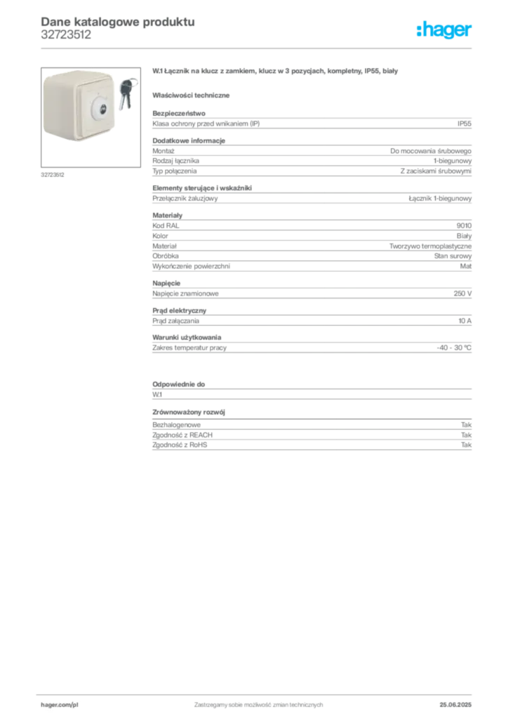 Zdjęcie Hager Dane katalogowe produktu 32723512 | Hager Polska