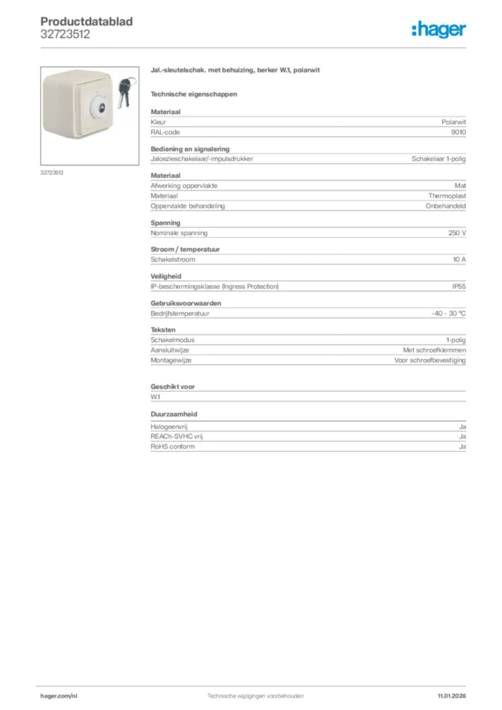 Afbeelding Hager Productdatablad 32723512 | Hager Nederland