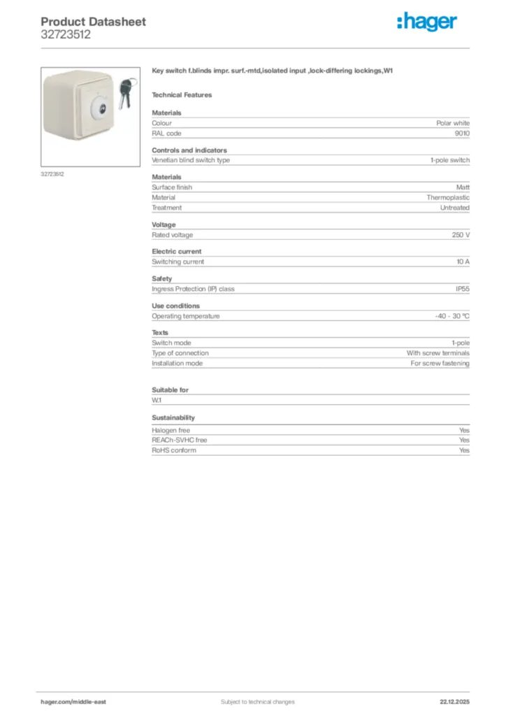 Image Hager Product data sheet 32723512  | Hager