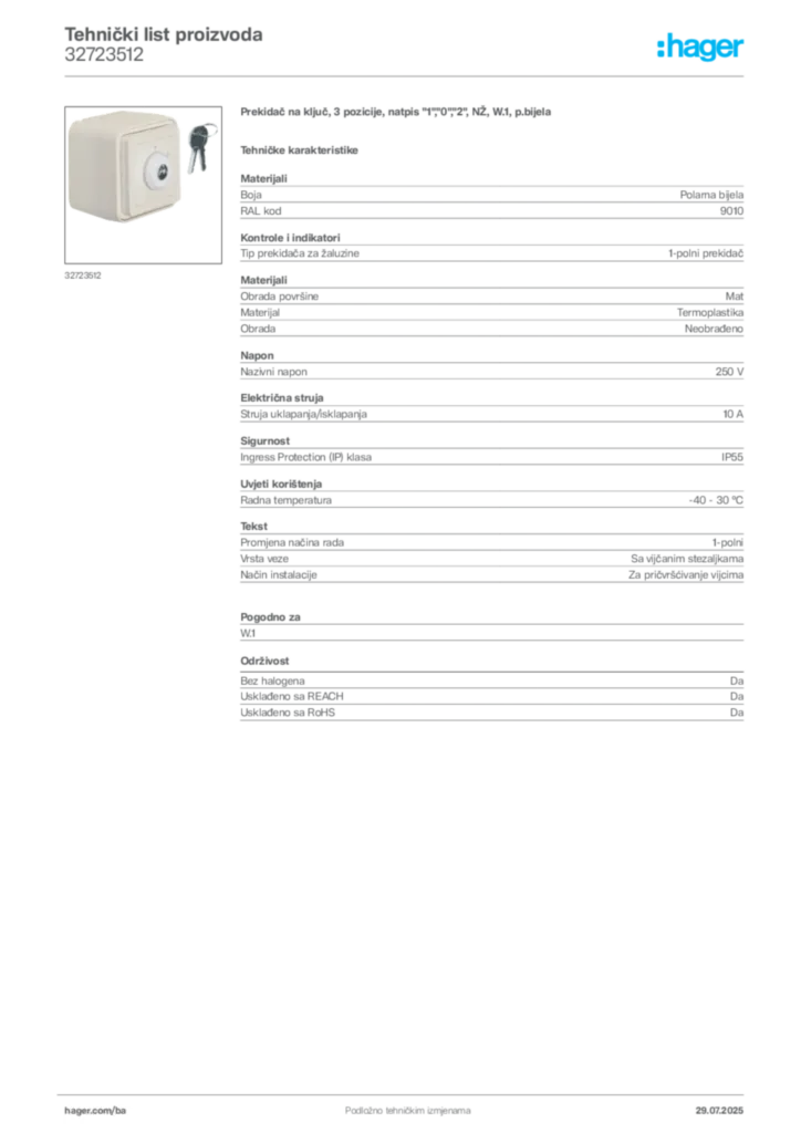 Slika Hager Product data sheet 32723512  | Hager