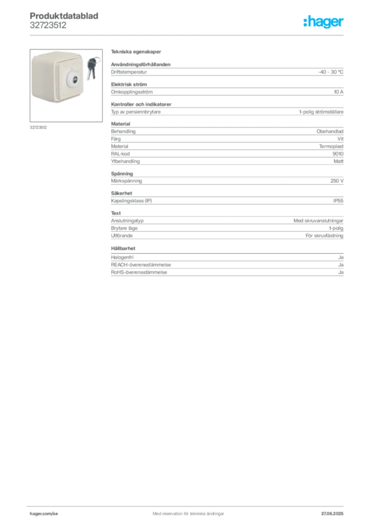 Bild Hager Produktdatablad 32723512 | Hager Sverige