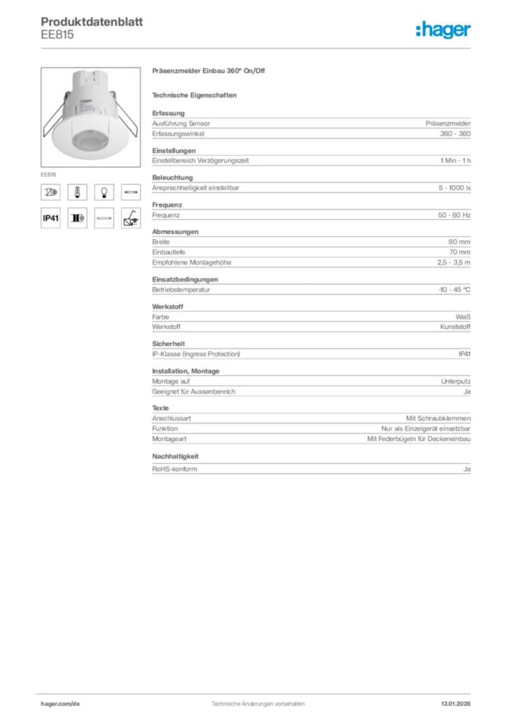 Bild Hager Produktdatenblatt EE815 | Hager Deutschland