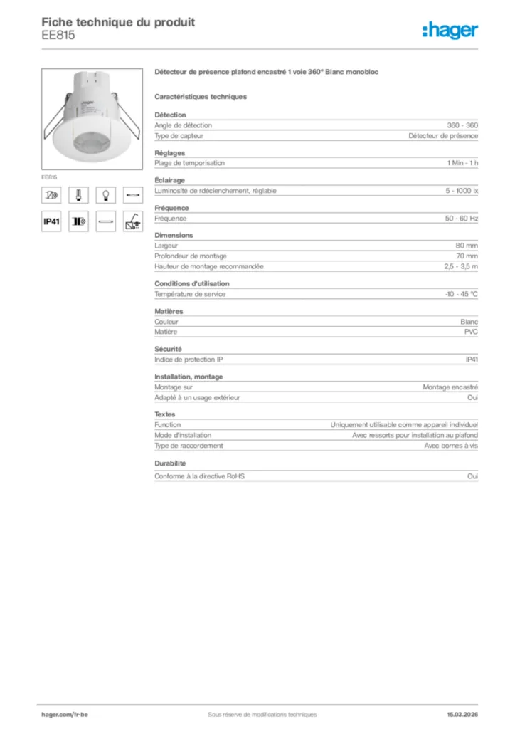 Image Hager Fiche technique du produit EE815 | Hager Belgique