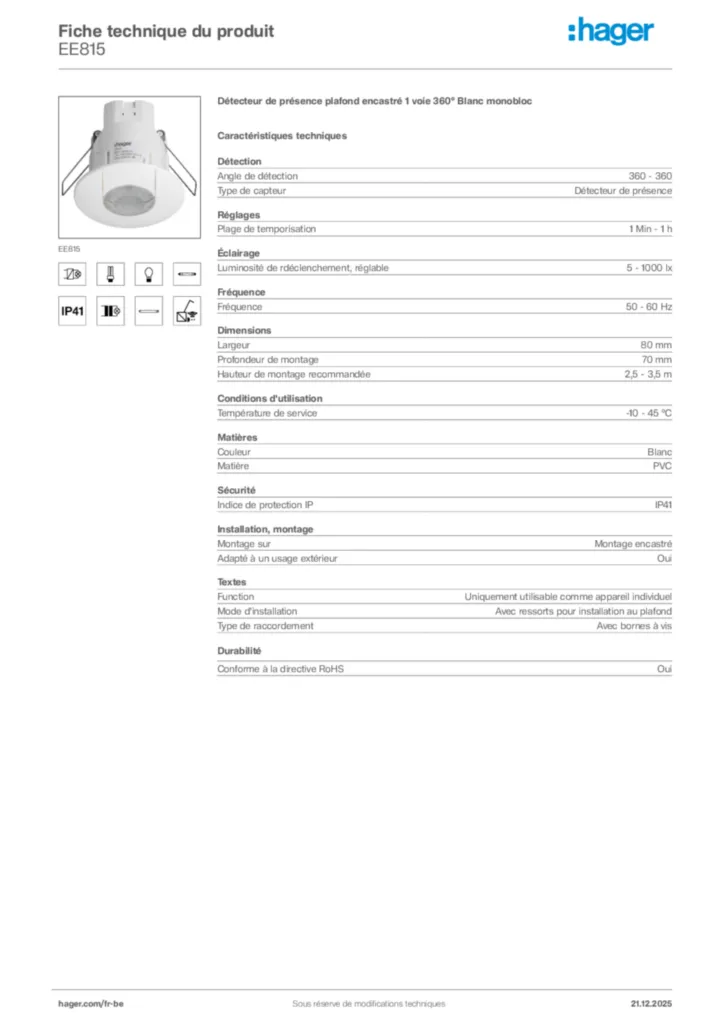 Image Hager Fiche technique du produit EE815 | Hager Belgique