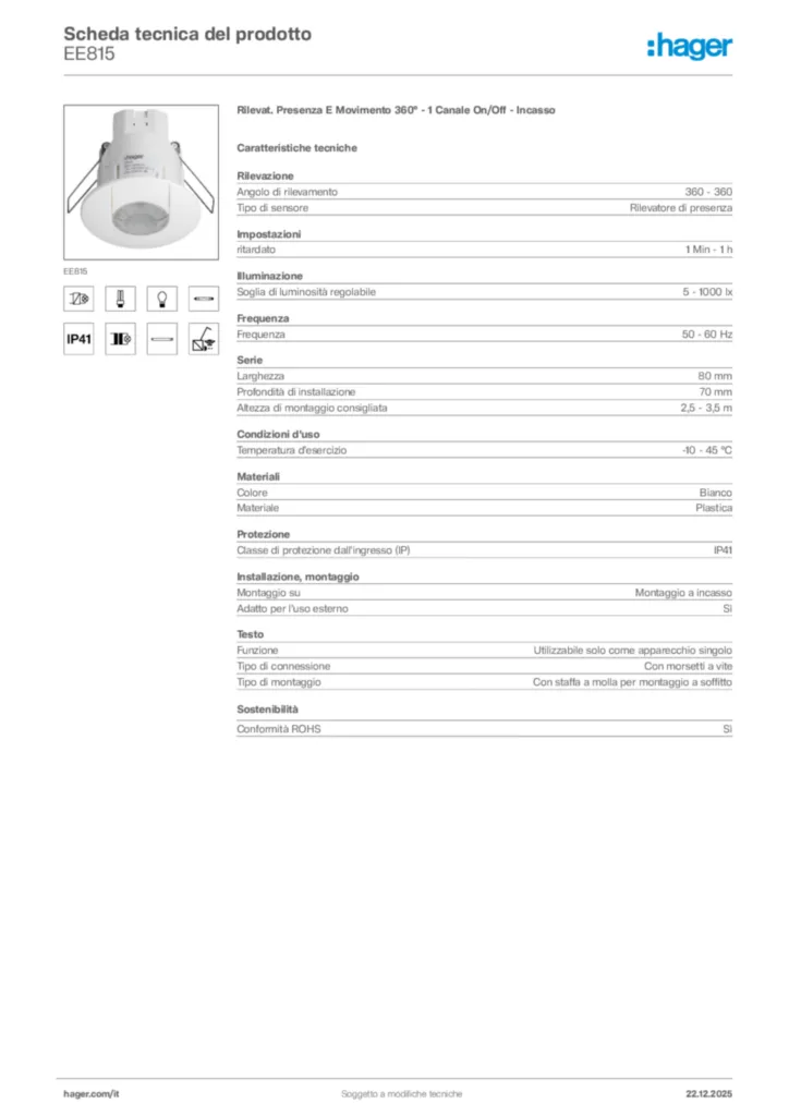 Immagine Hager Scheda tecnica del prodotto EE815 | Hager Italia