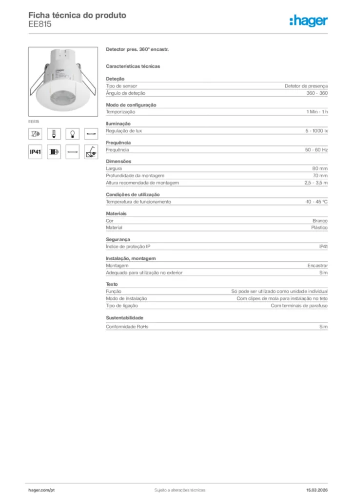Imagem Hager Ficha técnica do produto EE815 | Hager Portugal
