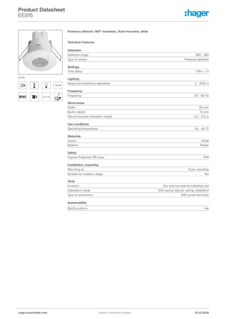 Image Hager Product data sheet EE815  | Hager