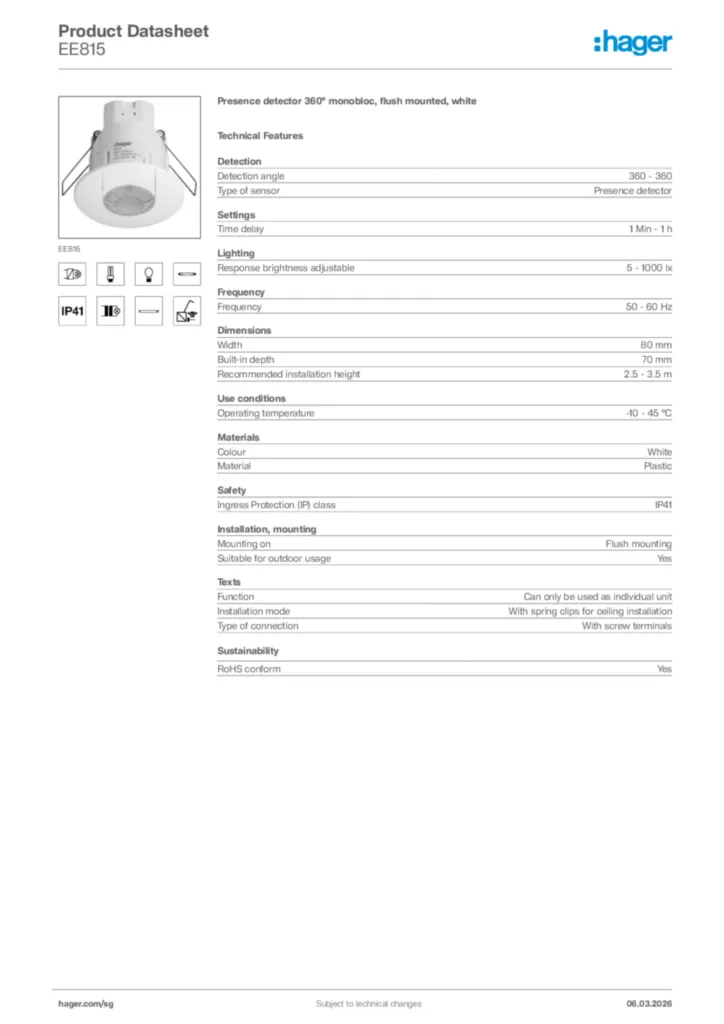 Image Hager Product data sheet EE815  | Hager
