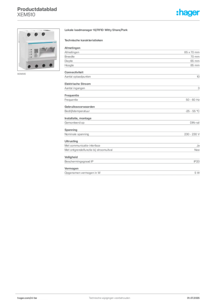 Afbeelding Hager Productdatablad XEM510 | Hager Belgium