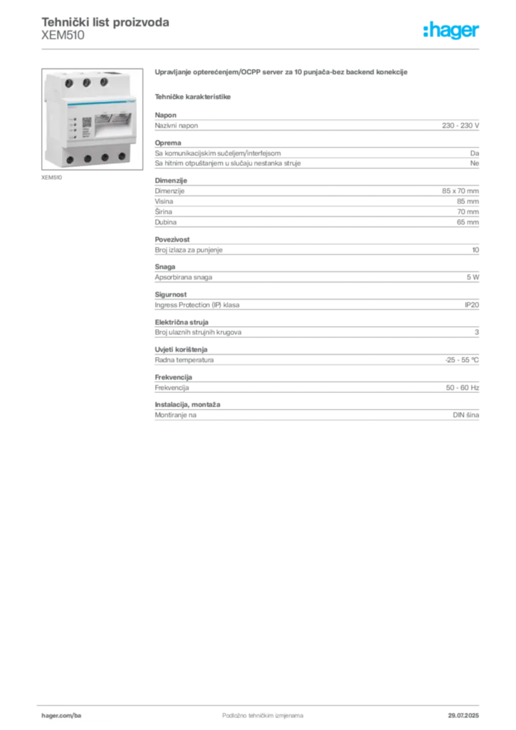 Slika Hager Product data sheet XEM510  | Hager