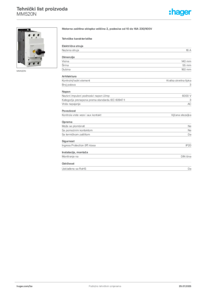 Slika Hager Product data sheet MM520N  | Hager