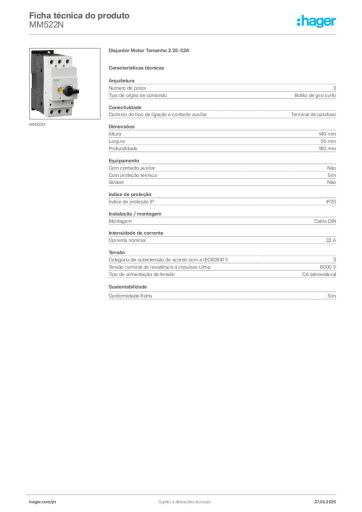Imagem Hager Ficha técnica do produto MM522N | Hager Portugal