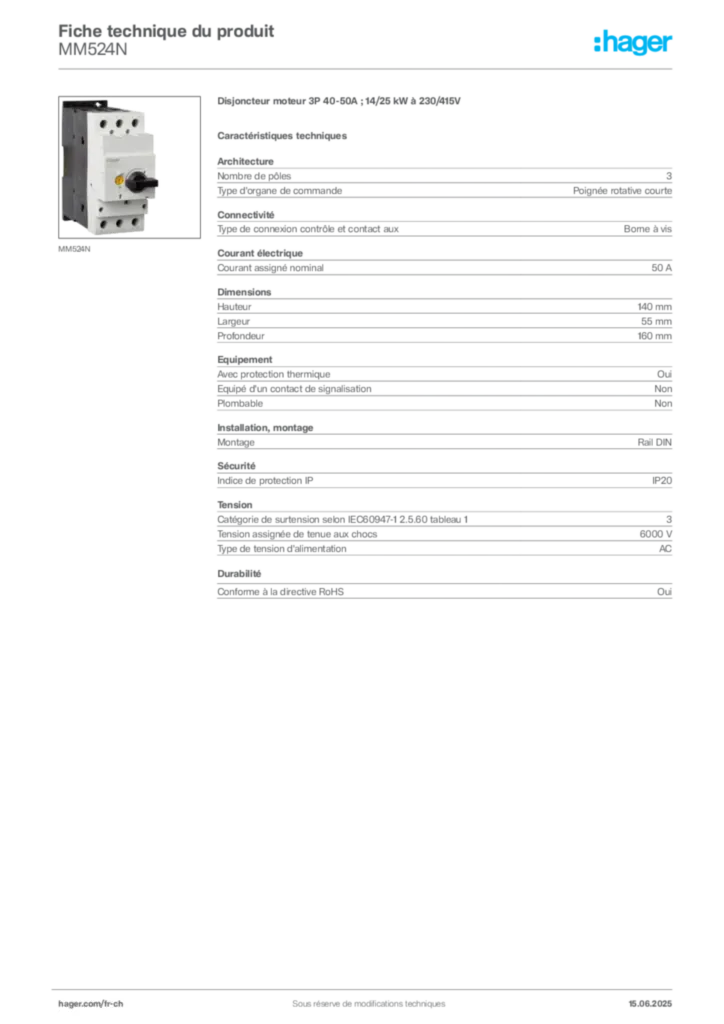 Image Hager Fiche technique du produit MM524N | Hager Suisse