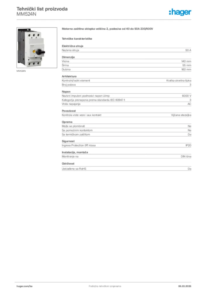 Slika Hager Tehnički list proizvoda MM524N  | Hager