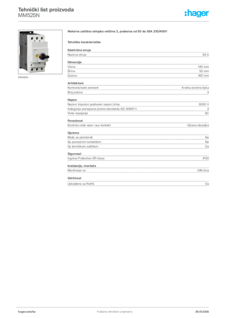 Slika Hager Product data sheet MM525N  | Hager