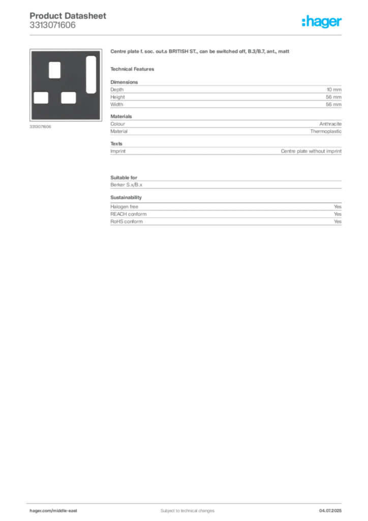 Image Hager Product data sheet 3313071606  | Hager