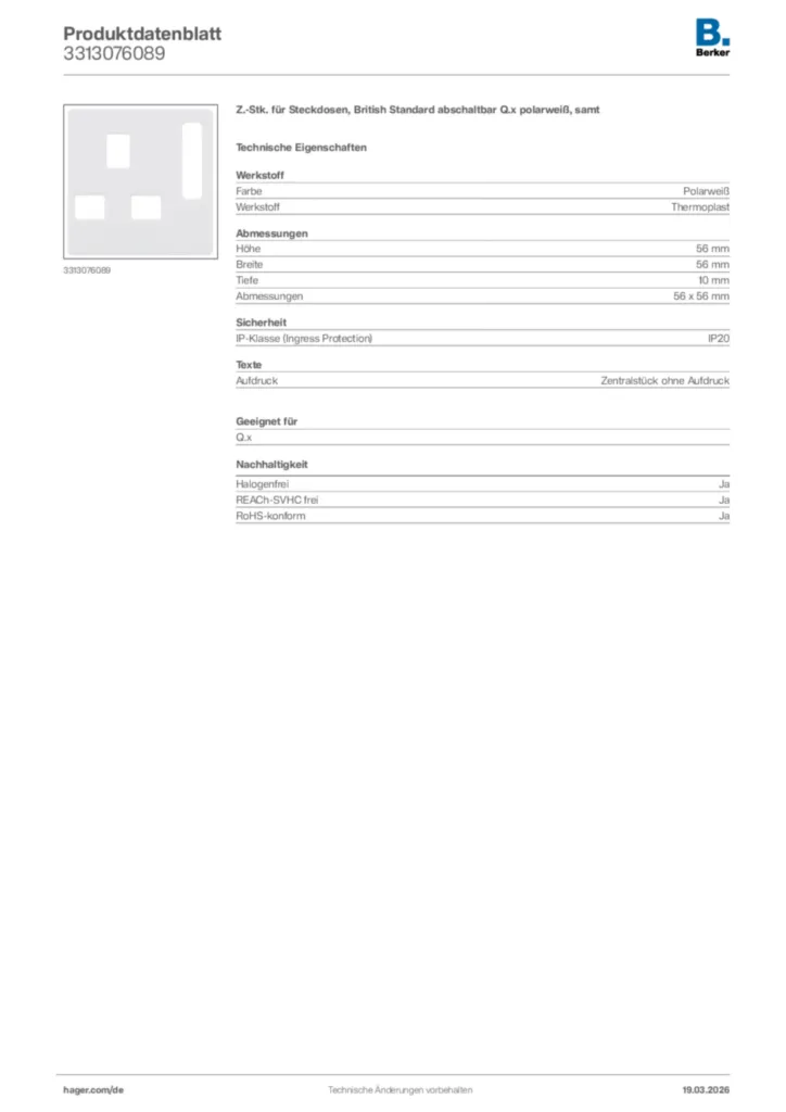 Bild Berker Produktdatenblatt 3313076089 | Hager Deutschland