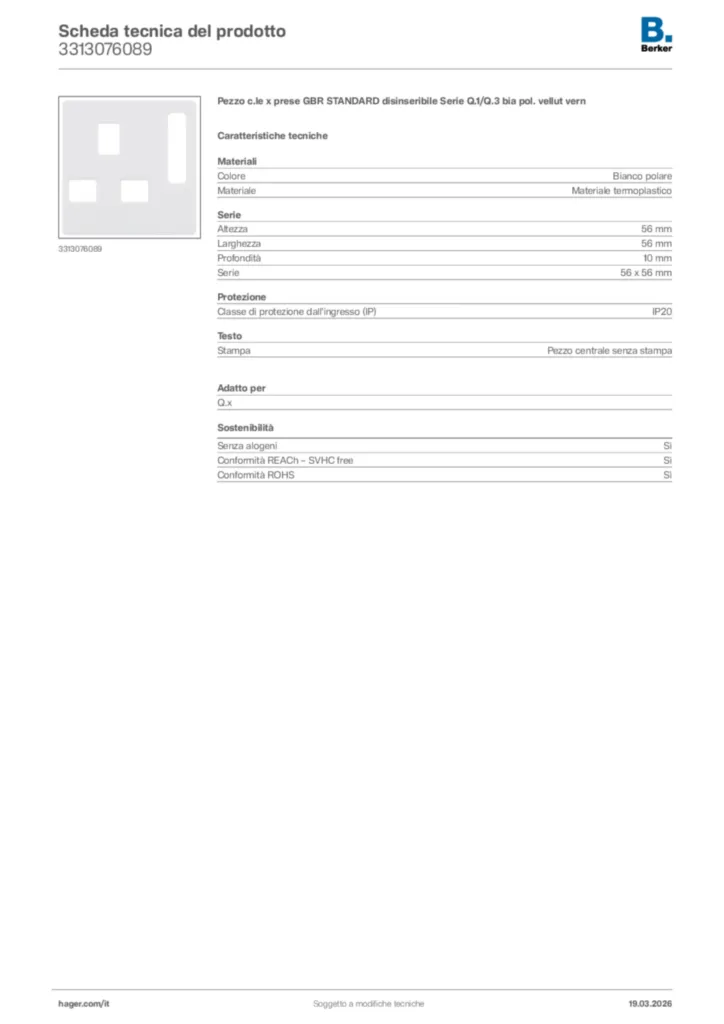 Immagine Berker Scheda tecnica del prodotto 3313076089 | Hager Italia