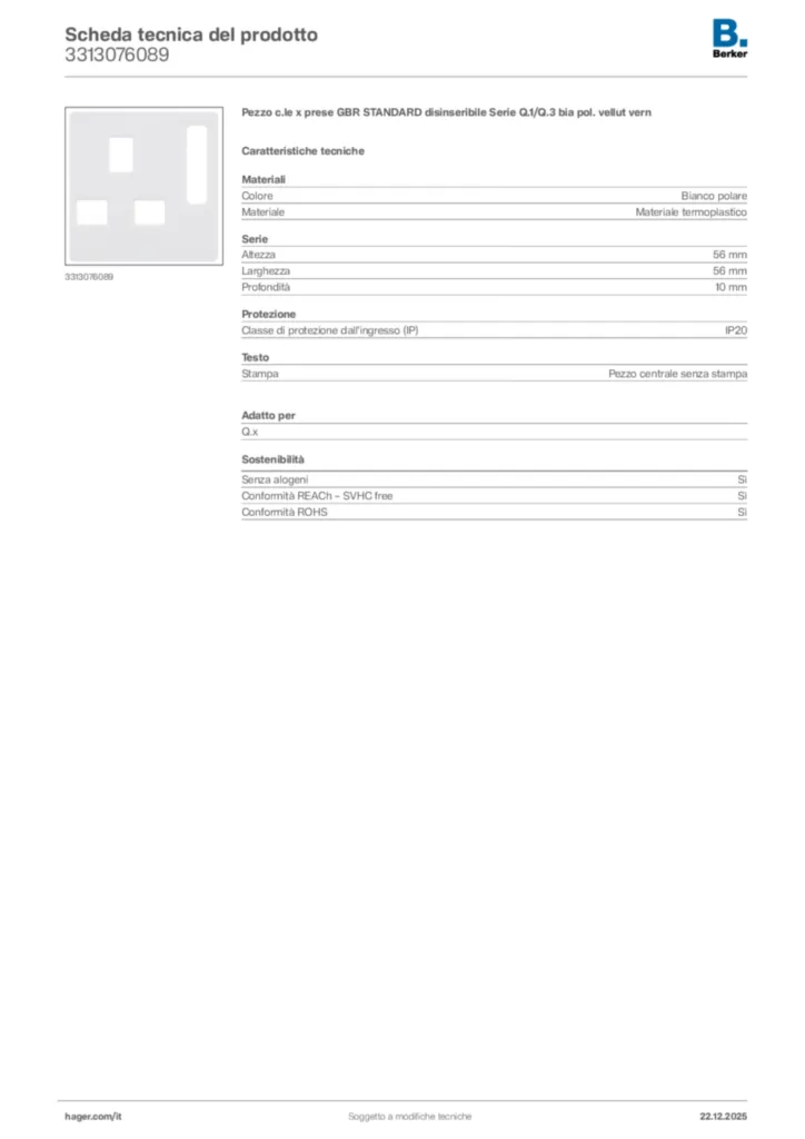 Immagine Berker Scheda tecnica del prodotto 3313076089 | Hager Italia
