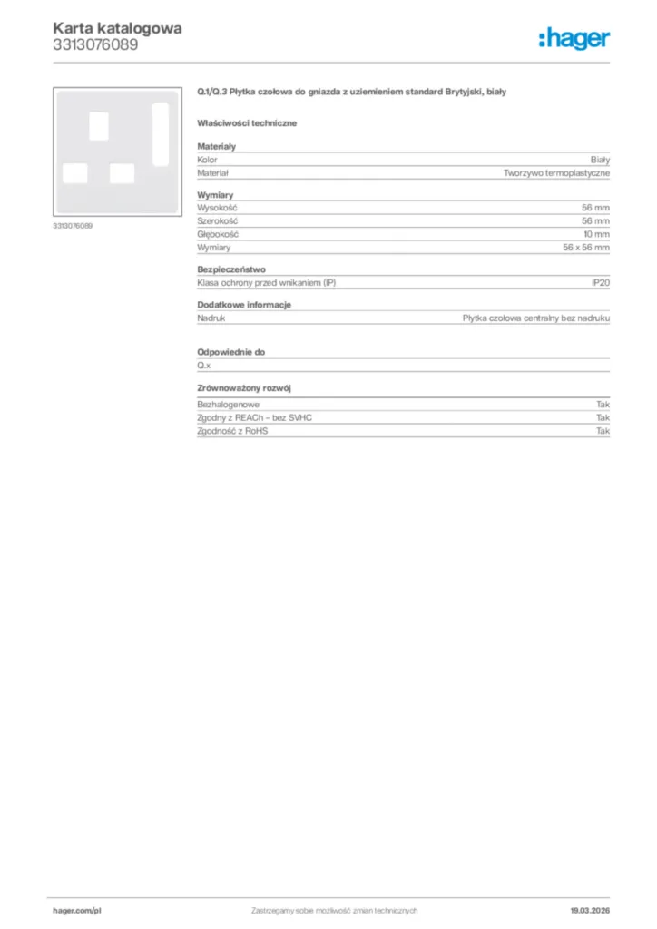 Zdjęcie Hager Karta katalogowa 3313076089 | Hager Polska