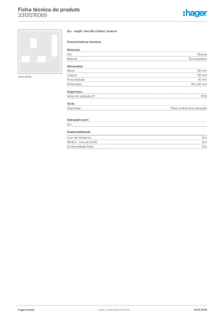 Imagem Hager Ficha técnica do produto 3313076089 | Hager Portugal