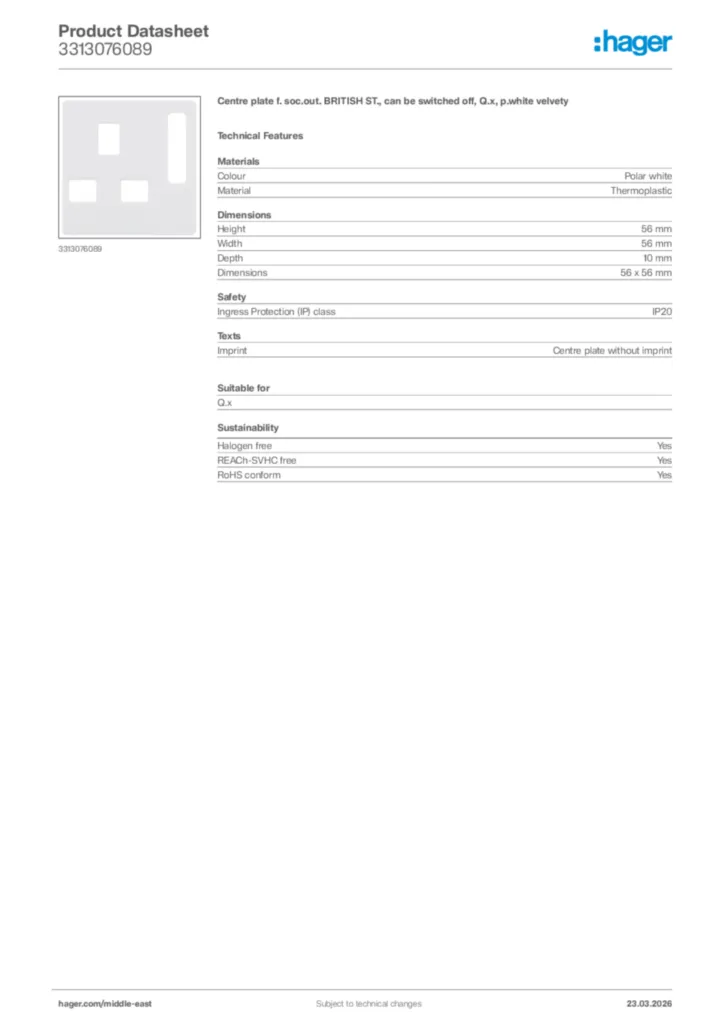 Image Hager Product data sheet 3313076089  | Hager