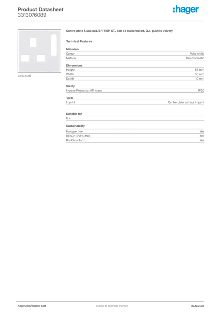 Image Hager Product data sheet 3313076089  | Hager