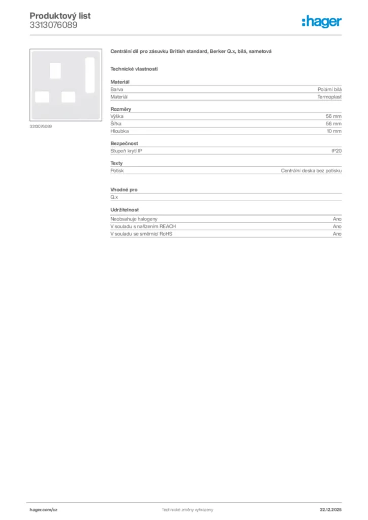 Obrázek Hager Produktový list 3313076089 | Hager