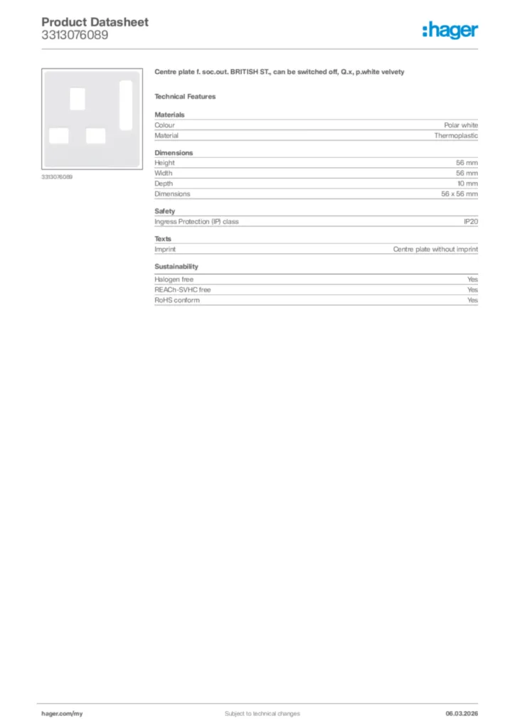 Image Hager Product data sheet 3313076089  | Hager