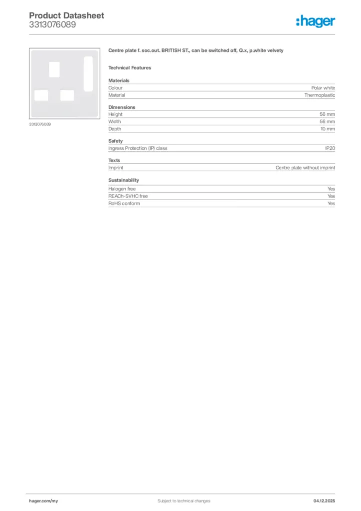 Image Hager Product data sheet 3313076089  | Hager