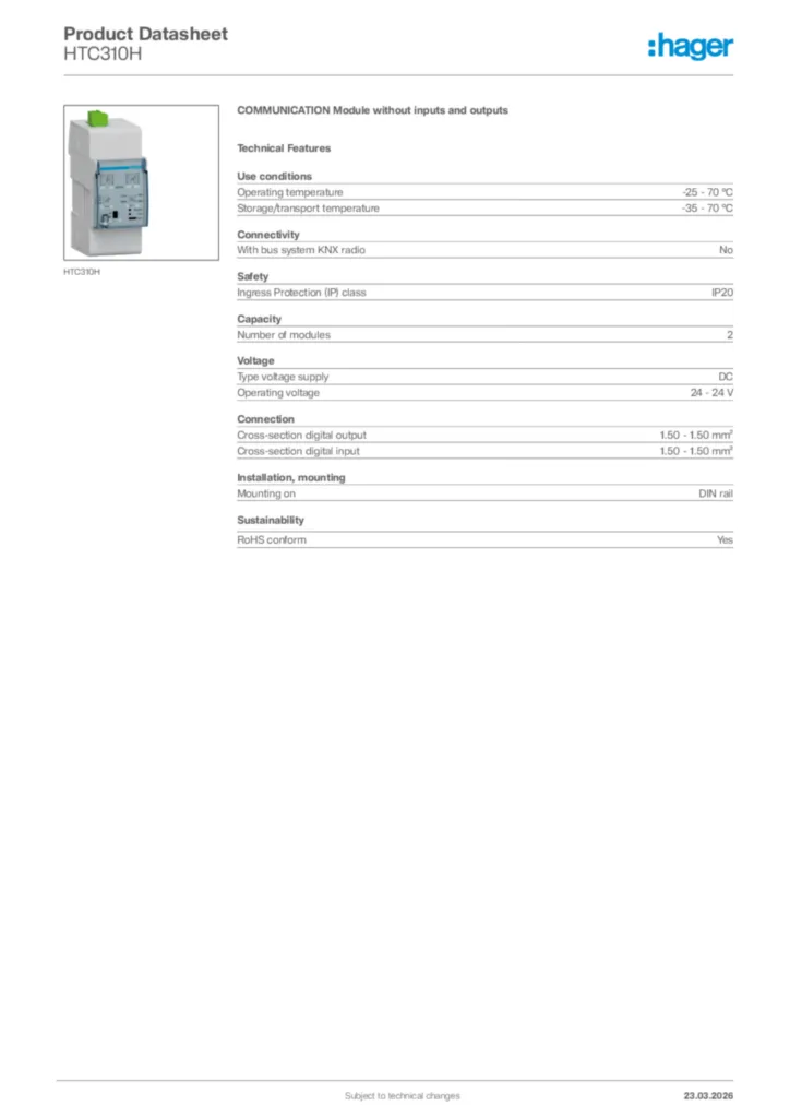 Image Hager Product data sheet HTC310H  | Hager Africa