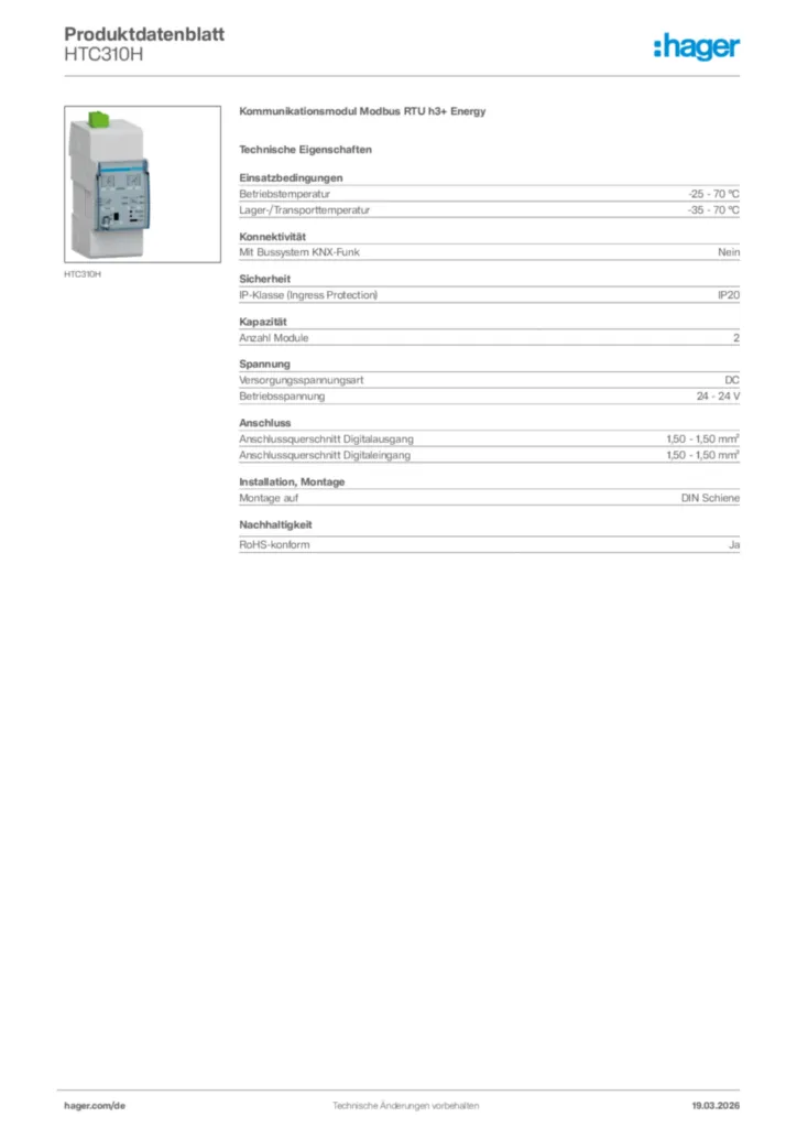 Bild Hager Produktdatenblatt HTC310H | Hager Deutschland
