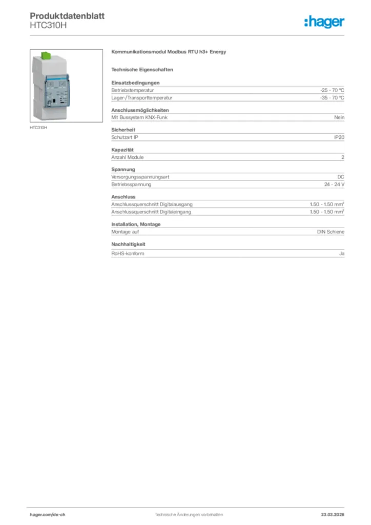 Bild Hager Produktdatenblatt HTC310H | Hager Schweiz