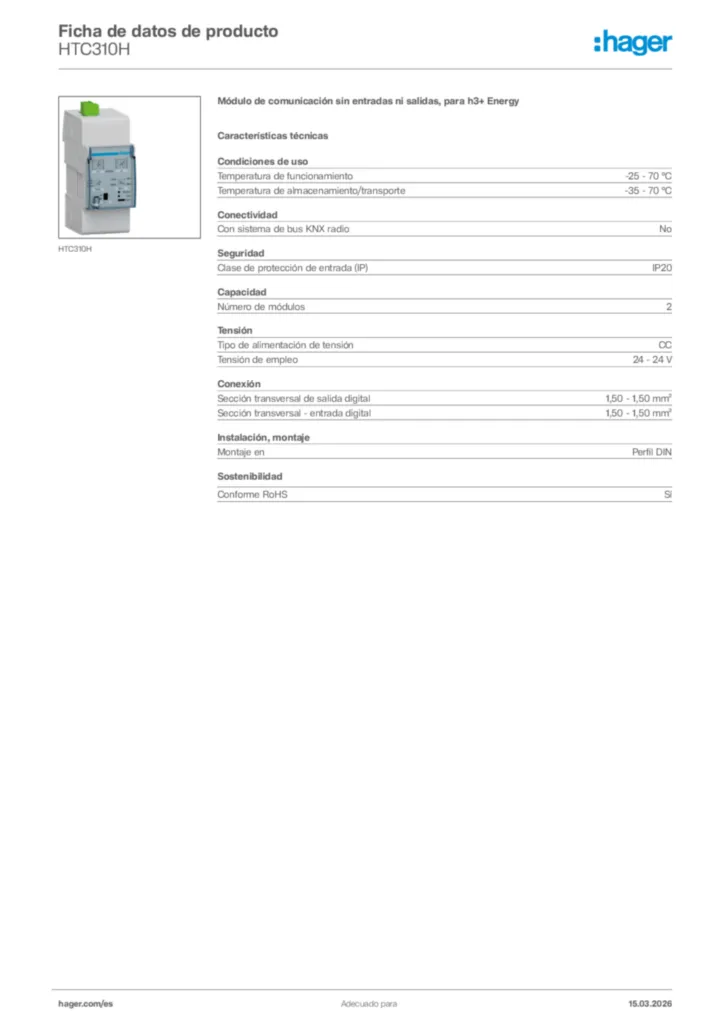 Imagen Hager Ficha de datos de producto HTC310H | Hager España