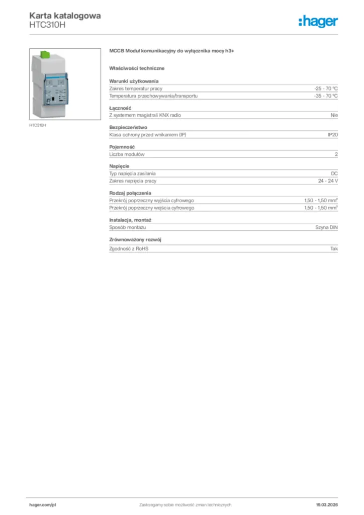 Zdjęcie Hager Karta katalogowa HTC310H | Hager Polska