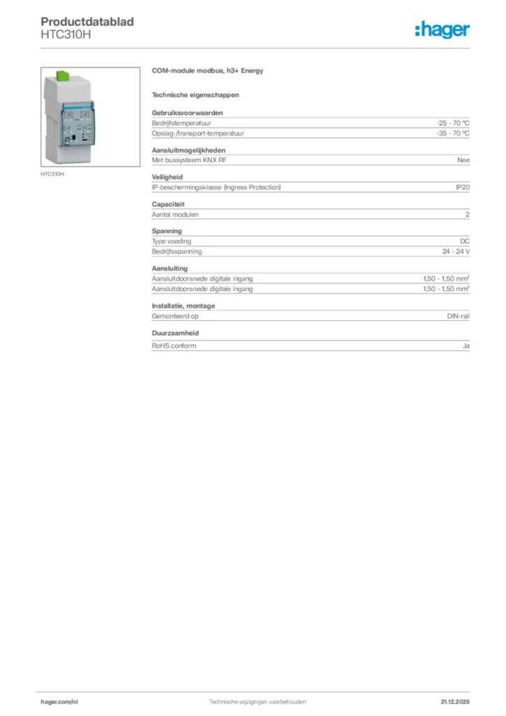 Afbeelding Hager Productdatablad HTC310H | Hager Nederland