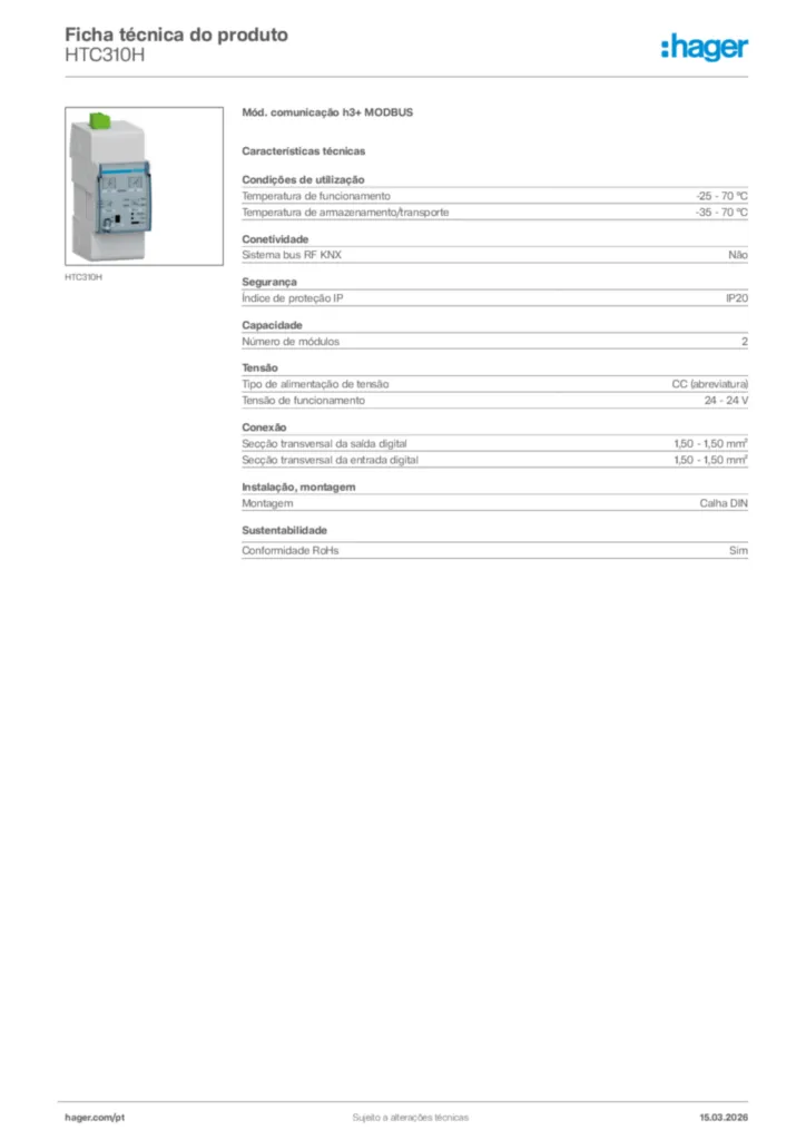 Imagem Hager Ficha técnica do produto HTC310H | Hager Portugal