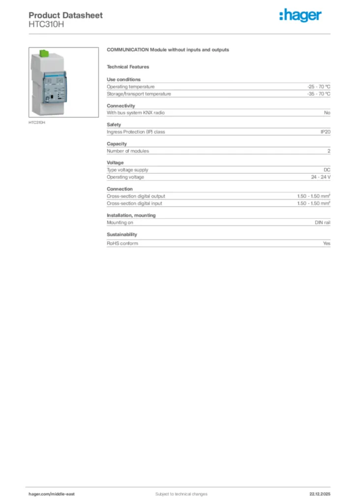 Image Hager Product data sheet HTC310H  | Hager