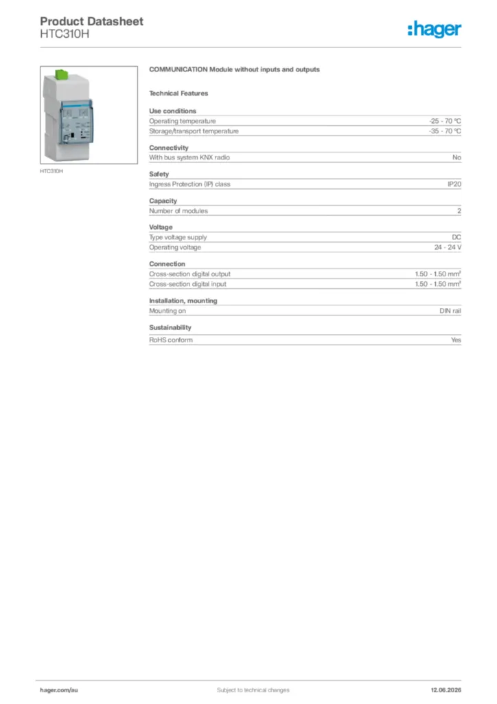 Image Hager Product data sheet HTC310H  | Hager Australia