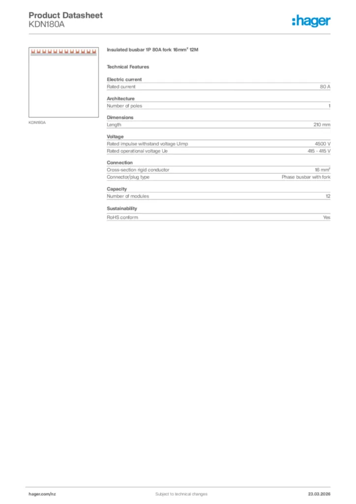 Image Hager Product data sheet KDN180A  | Hager New Zealand