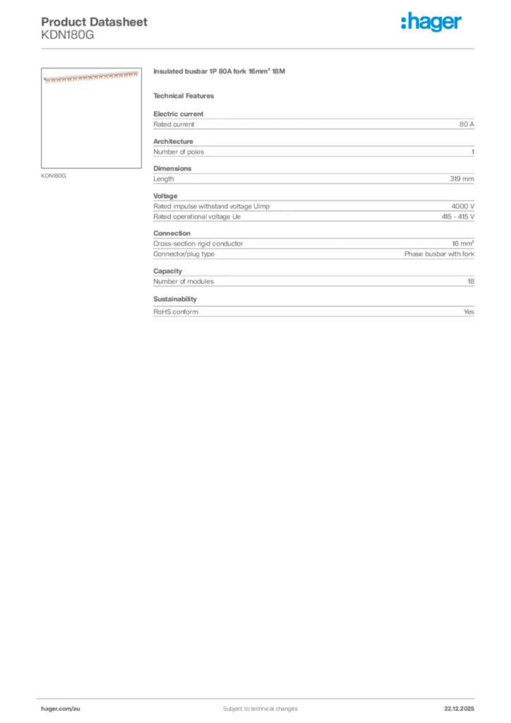 Image Hager Product data sheet KDN180G  | Hager Australia