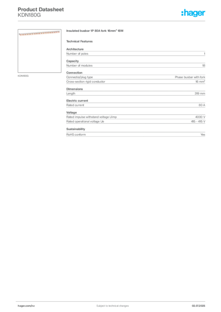 Image Hager Product data sheet KDN180G  | Hager New Zealand