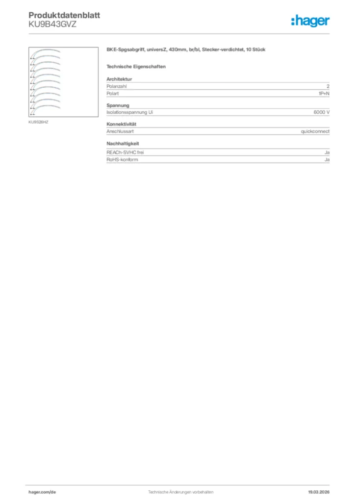 Bild Hager Produktdatenblatt KU9B43GVZ | Hager Deutschland